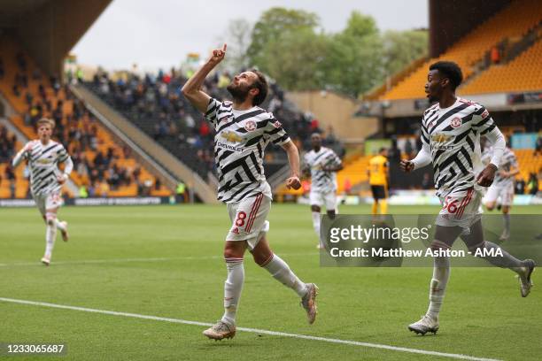 Juan Mata of Manchester United celebrates after scoring a goal to make it 1-2 during the Premier League match between Wolverhampton Wanderers and...