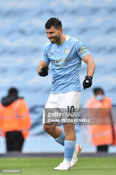 Manchester City's Argentinian striker Sergio Aguero celebrates scoring their fifth goal during the English Premier League football match between...