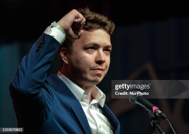 Roman Protasevich addresses the crowd next to a famous Gdansk's Shipyard Gate number 2 on August 31, 2020 during 'Free Poland To Free Belarus'...