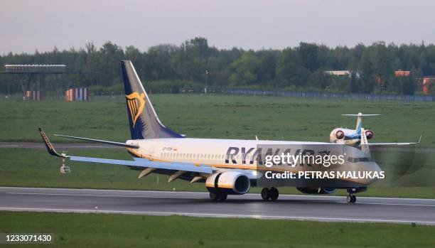 Photo taken on May 23, 2021 shows a Boeing 737-8AS Ryanair passenger plane from Athens, Greece, that was intercepted and diverted to Minsk on the...