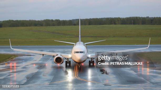 Photo taken on May 23, 2021 shows a Boeing 737-8AS Ryanair passenger plane from Athens, Greece, that was intercepted and diverted to Minsk on the...