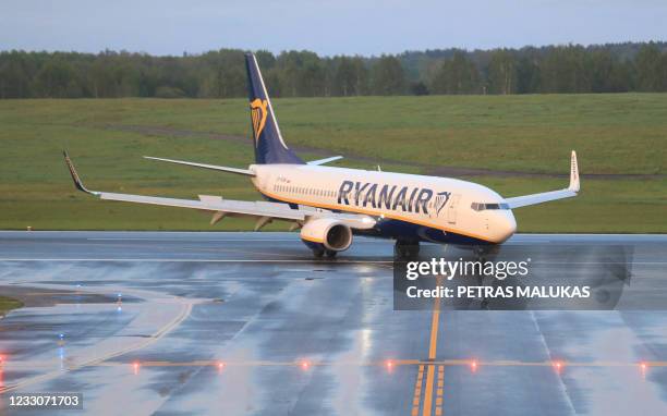 Photo taken on May 23, 2021 shows a Boeing 737-8AS Ryanair passenger plane from Athens, Greece, that was intercepted and diverted to Minsk on the...