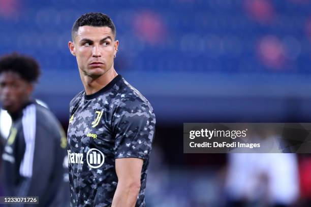 Cristiano Ronaldo of Juventus Fc looks on during the Serie A match between Bologna FC and Juventus at Stadio Renato Dall'Ara on May 23, 2021 in...