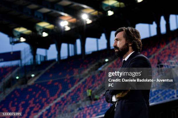 Juventus coach Andrea Pirlo during the Serie A match between Bologna FC and Juventus at Stadio Renato Dall'Ara on May 23, 2021 in Bologna, Italy.