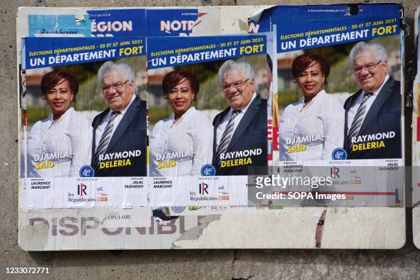 An electoral poster for Djamila Said and Raymond Deleria seen in Marseille. The French departmental elections will take place on June 20th and 27th,...