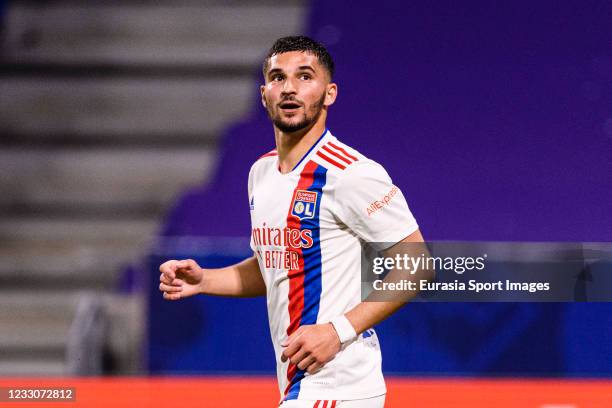 Houssem Aouar of Olympique Lyon celebrates his goal during the Ligue 1 match between Olympique Lyon and OGC Nice at Groupama Stadium on May 23, 2021...