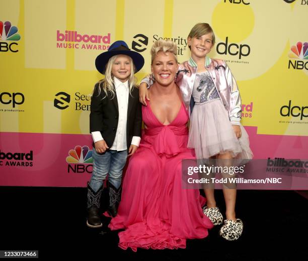 Pictured: In this image released on May 23, Jameson Moon Hart, Pink, and Willow Sage Hart arrive to the 2021 Billboard Music Awards, broadcast on May...