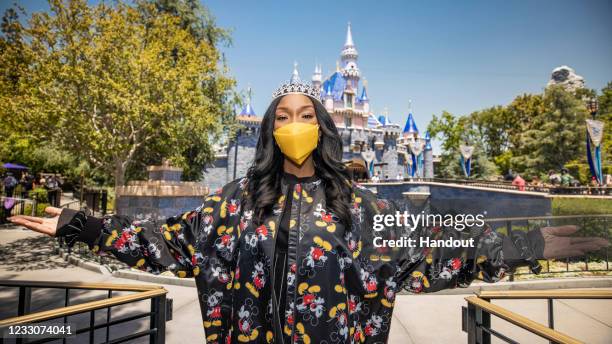 In this handout photo provided by Disneyland Resort, Grammy Award-winning recording artist, Brandy, poses in front of Sleeping Beauty Castle in...