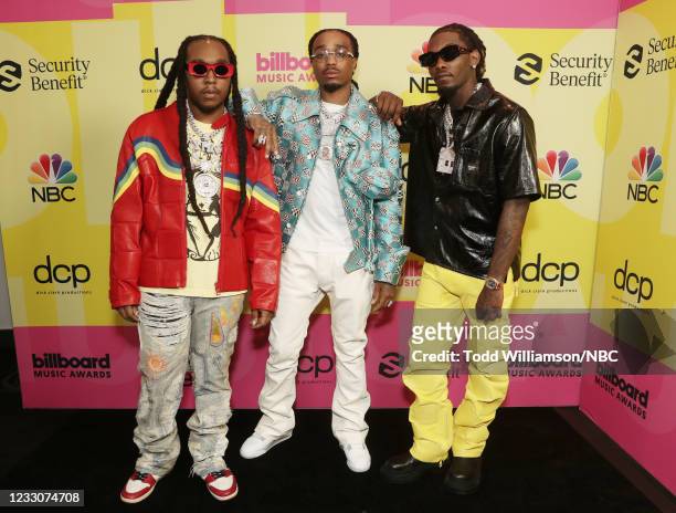 Pictured: Takeoff, Quavo, and Offset of Migos arrive to the 2021 Billboard Music Awards held at the Microsoft Theater on May 23, 2021 in Los Angeles,...