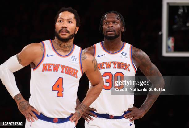 Derrick Rose and Julius Randle of the New York Knicks look on during Round 1, Game 1 of the 2021 NBA Playoffs on May 23, 2021 at Madison Square...