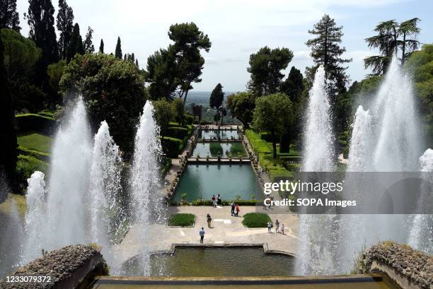 Visitors walking inside the gardens of the historic site Villa D'Este in Tivoli. From 26 April 2021, the entry into force of the legislation that...