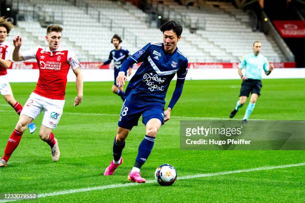 Ui Jo HWANG of Bordeaux during the Ligue 1 match between Reims and Girondins Bordeaux at Stade Auguste Delaune on May 23, 2021 in Reims, France.