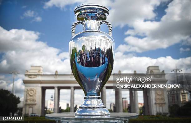 The UEFA European Football Championship trophy is pictured during a presentation at the Gorky Park in Moscow on May 24 ahead of the UEFA EURO 2020...