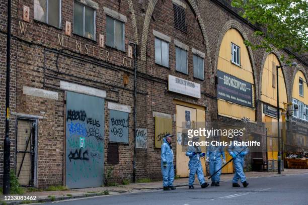 Police forensic officers on Consort Road as they investigate the shooting of Sasha Johnson on May 24, 2021 in London, England. Ms Johnson's condition...
