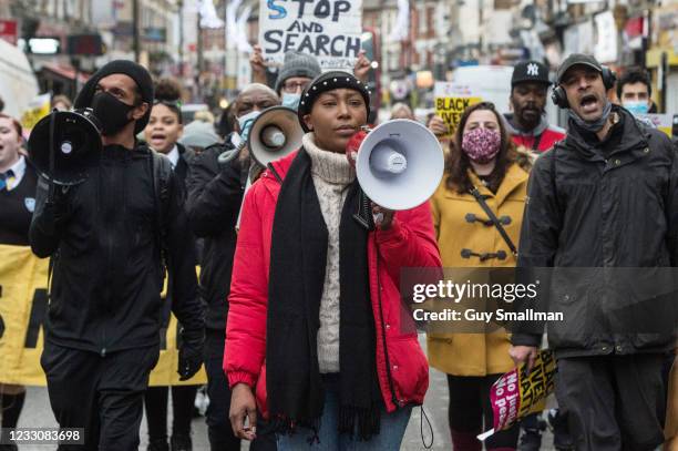 Black Lives Matter activist Sasha Johnson joins anti-racists, community activists and school children at a protest against police violence as they...