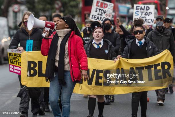 Black Lives Matter activist Sasha Johnson joins anti-racists, community activists and school children at a protest against police violence as they...