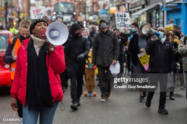 Black Lives Matter activist Sasha Johnson joins anti-racists, community activists and school children at a protest against police violence as they...