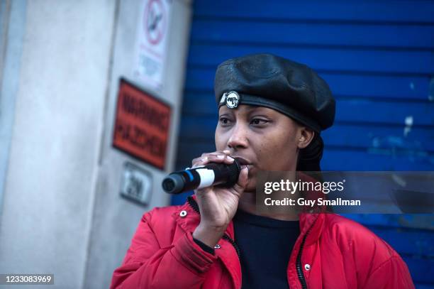 Black Lives Matter activist Sasha Johnson speaks outside of Tottenham Police Station in protest at the targeting of a black youth by officers and...