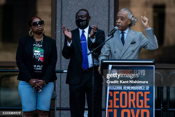 Rev. Al Sharpton speaks during the inaugural remembrance rally and march hosted by the George Floyd Global Memorial, commemorating the first...