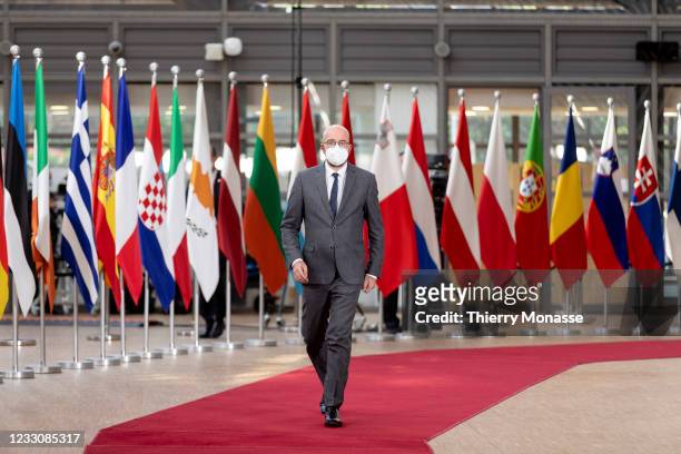 Council President Charles Michel arrives for an extraordinary EU Summit on May 24, 2021 in Brussels, Belgium. European Union leaders are expected,...