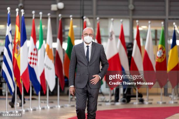 Council President Charles Michel arrives for an extraordinary EU Summit on May 24, 2021 in Brussels, Belgium. European Union leaders are expected,...