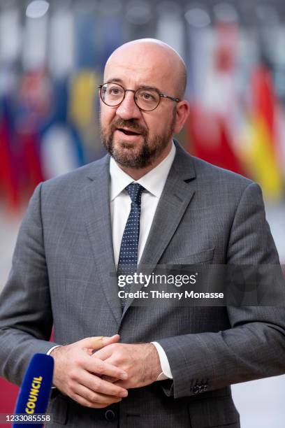 Council President Charles Michel talks to media as he arrives for an extraordinary EU Summit on May 24, 2021 in Brussels, Belgium. European Union...