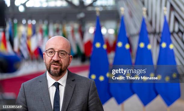 Council President Charles Michel talks to media as he arrives for an extraordinary EU Summit on May 24, 2021 in Brussels, Belgium. European Union...