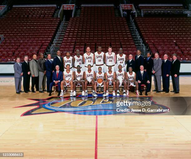 The Philadelphia 76ers pose for a portrait on November 10, 2001 at the First Union Center in Philadelphia, Pennsylvania. Players bottom row left to...