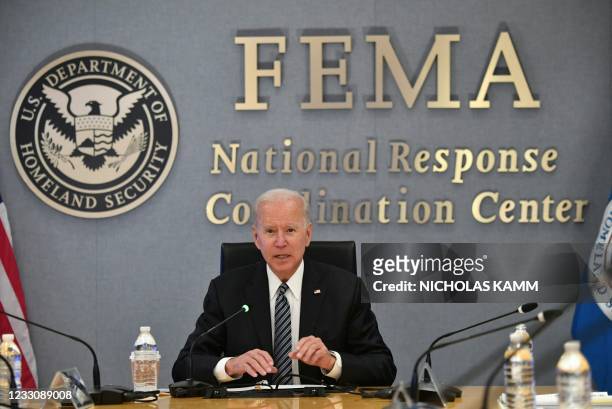 President Joe Biden participates in a briefing on the upcoming Atlantic hurricane season at FEMA headquarters on May 24, 2021 in Washington, DC.