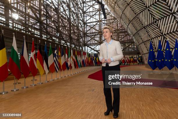 President of the European Commission Ursula von der Leyen talks to media as he arrives for an extraordinary EU Summit on May 24, 2021 in Brussels,...