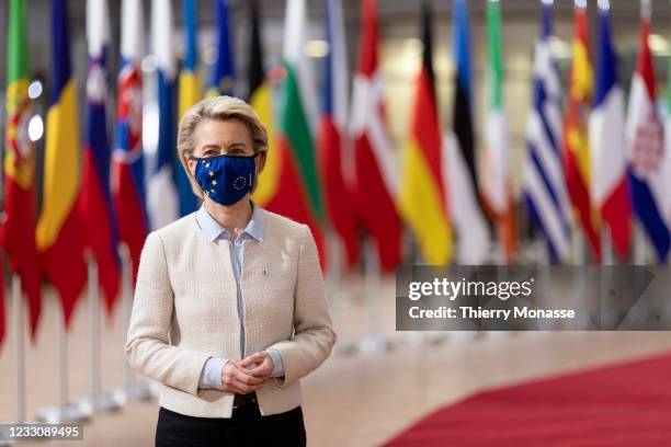 President of the European Commission Ursula von der Leyen arrives for an extraordinary EU Summit on May 24, 2021 in Brussels, Belgium. European Union...