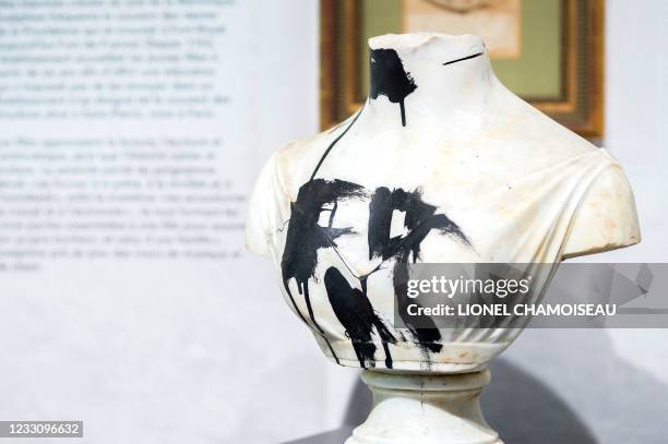 This photograph shows a damaged bust of the Empress Josephine de Beauharnais, at the Pagerie Museum, at La Pagerie , in Les Trois-Ilets, on April 26,...