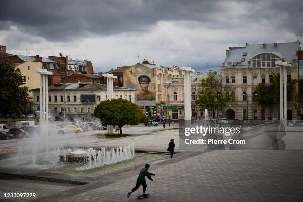 Skater outside the opera theater on May 19, 2021 in Kharkiv, Ukraine.