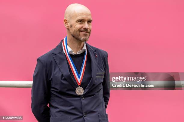 Erik Ten Hag of Ajax Amsterdam smiles during the Dutch Eredivisie match between Ajax and FC Emmen at Johan Cruijff Arena on May 2, 2021 in Amsterdam,...