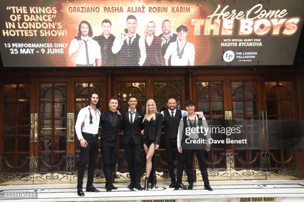 Graziano Di Prima, Pasha Kovalev, Aljaz Skorjanec, Nadiya Bychkova, Robin Windsor and Karim Zeroual pose at a photocall for "Here Come The Boys" at...