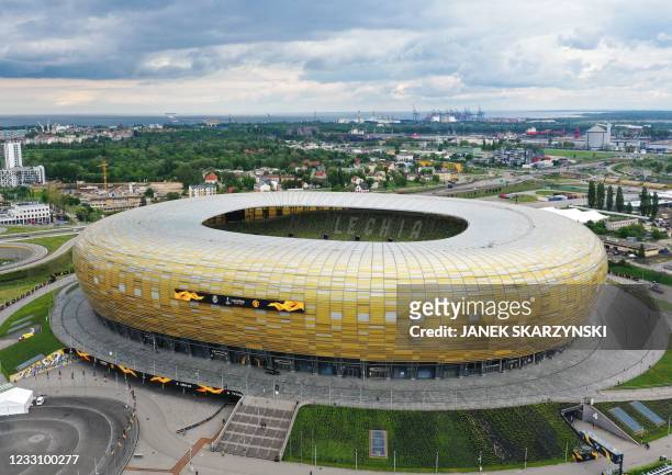 This aerial picture taken in Gdansk, Poland on May 25 shows a view of the Gdansk Stadium, on the eve of the UEFA Europa League Final match Villarreal...