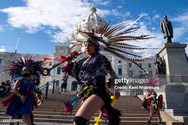 Venelii Maria Felling of Brooklyn Center, and other Native Indigenous dancers perform during a march and rally at the Minnesota State Capitol on...