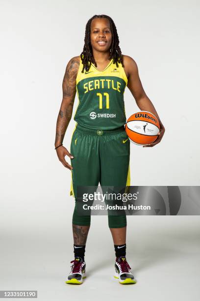 Epiphanny Prince of the Seattle Storm poses for a portrait at Seattle Pacific University during the WNBA media day on May 24, 2021 in Seattle,...