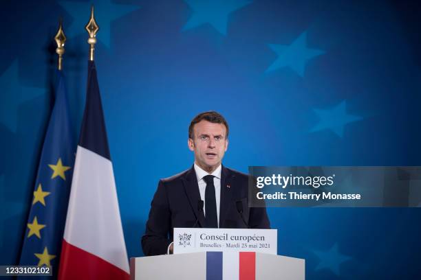 French President Emmanuel Macron is talking to media at the end of an extraordinary EU Summit on May 25, 2021 in Brussels, Belgium. European Union...