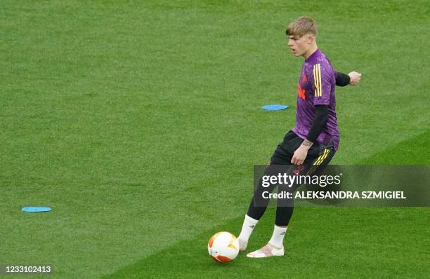Manchester United's defender Brandon Williams attends a training session on the eve of the UEFA Europa League Final match Villarreal CF v Manchester...