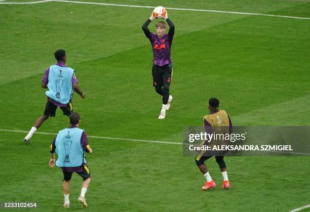 Manchester United's defender Brandon Williams attends a training session on the eve of the UEFA Europa League Final match Villarreal CF v Manchester...