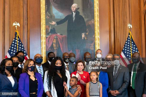 Speaker of the House Nancy Pelosi speaks as she stands with members of George Floyd's family prior to a meeting to mark the one anniversary of his...