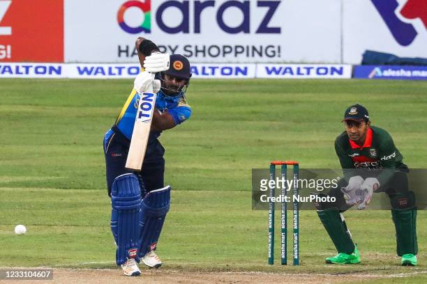 Sri Lanka's Kusal Perera plays a shot during the second one-day international cricket match between Bangladesh and Sri Lanka at the Sher-e-Bangla...