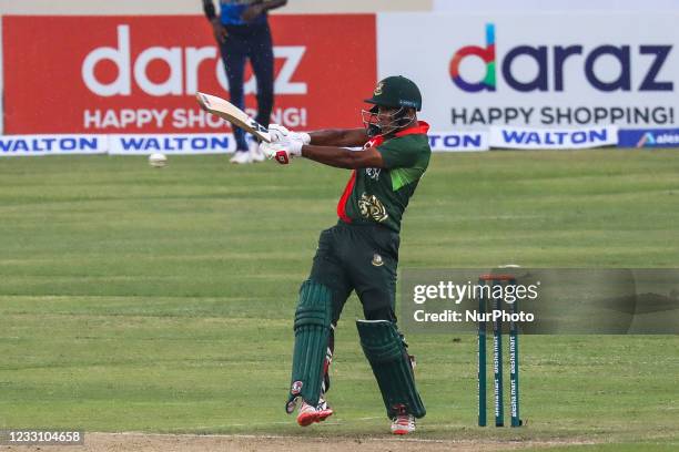 Bangladesh's Shaif Uddin plays a shot during the second one-day international cricket match between Bangladesh and Sri Lanka at the Sher-e-Bangla...