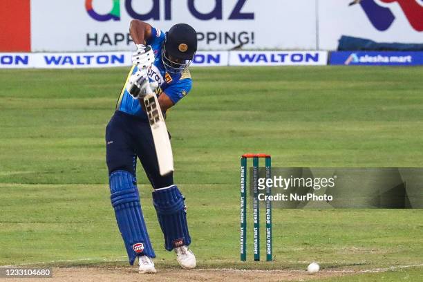 Sri Lanka's Danushka Gunathilaka plays a shot during the second one-day international cricket match between Bangladesh and Sri Lanka at the...