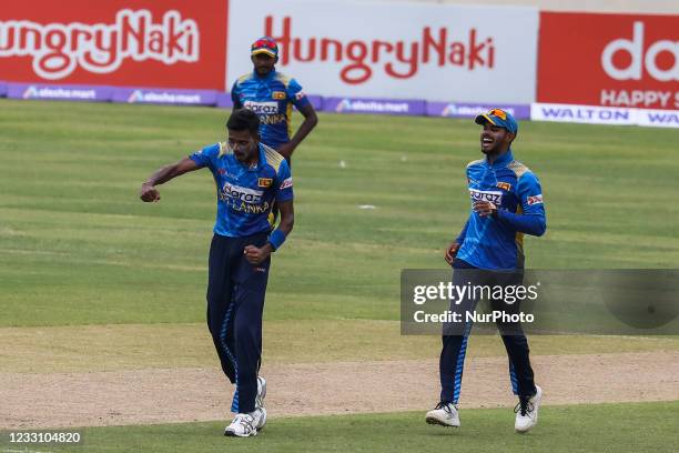 Sri lanka's celebrate the dismissal of Bangladesh's Shakib Al Hasan during the second one-day international cricket match between Bangladesh and Sri...