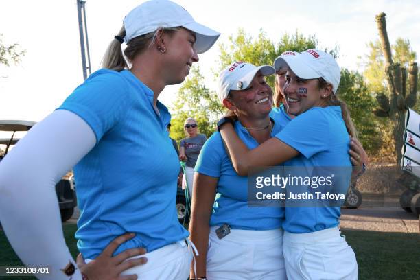 Julia Johnson and Chiara Tamburlini of the Ole Miss Rebels celebrate advancing to the finals in match play during the Division I Women's Golf...