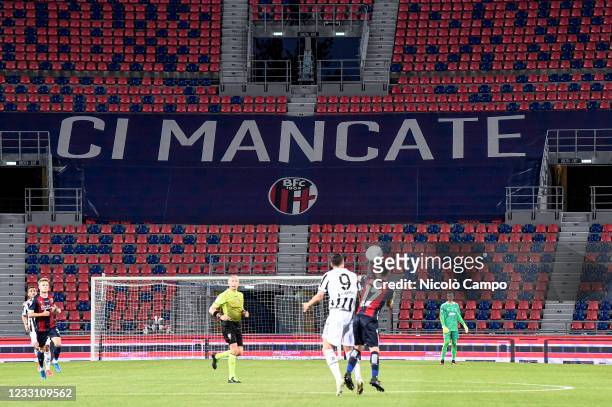 Banner reading 'We miss you' is placed in the sector usually occupied by Bologna FC fans during the Serie A football match between Bologna FC and...