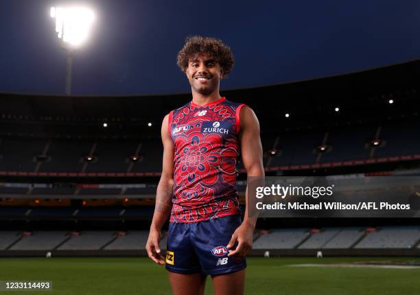 Kysaiah Pickett of the Demons poses for a photograph during the 2021 Indigenous Round Media Opportunity at the Melbourne Cricket Ground on May 19,...