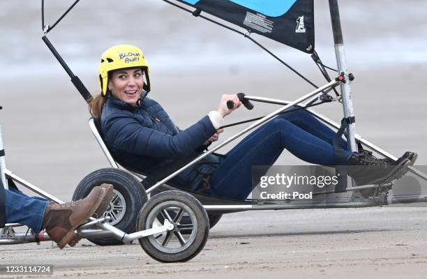 Catherine, Duchess of Cambridge joins young carers from Fife for a session of Land Yachting on May 26, 2021 in St Andrews, Scotland.